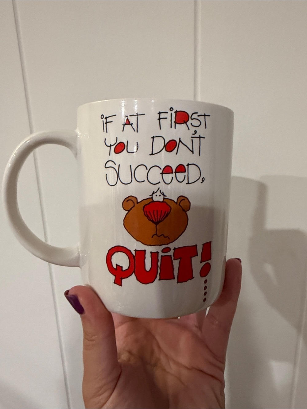 White Ceramic Mug with Red Bear Graphic - Motivational Quote